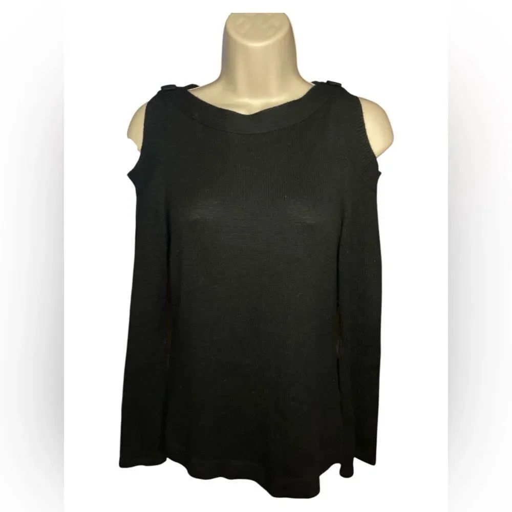 Etcetera Black Knit Cold Shoulder 3% cashmere SuperSoft buttons shoulder Top